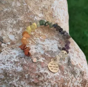 Not All Who Wander Are Lost Rainbow Chip Bracelet with Inspirational Pendant and Adjustable Band - Adjustable Fit