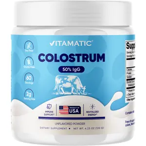 Vitamatic Bovine Colostrum Powder - 50% Highest IgG - 120 Gram - Supplement for Gut Health, Hair Growth, Beauty, Muscle Recovery, & Immune Support - Easy to Mix - Unflavored - 60 Servings