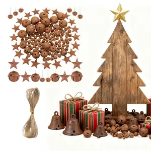 140 Packs Vintage Rustic Christmas Bell & Star Ornaments Bells with 5 Meters Hemp Rope, DIY Craft Decorations Suitable for Tree, Wedding, Party, Home Holiday Decorations