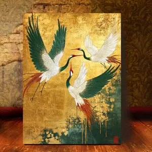 2D Flat, 1 Piece 2D Green and Gold Japanese Art Crane Canvas Wall Art, Unframed Art Print, 30*40cm - Hangable, Suitable for home decor, Traditional Japanese Design, Fine Feather Work, Japanese Wall Art