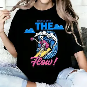 Retro Surf Skeleton Coffee Lover Tee, Summer Beach Shirt , Ride The Wave, Live The Flow ! 100% Cotton