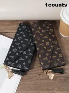 Women's Fashionable Geometric Pattern Long Wallet, Stylish Wallet, Casual Versatile Wallet with Tassel Decor, Multi-functional Purse with Heart-shaped Pendant for Outdoors, Travel & Back To School