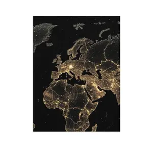 Glowing World Map Canvas Wall Art Black and Gold Night Lights City View Modern Minimalist Global Geography Decor Unframed Print for Home Office