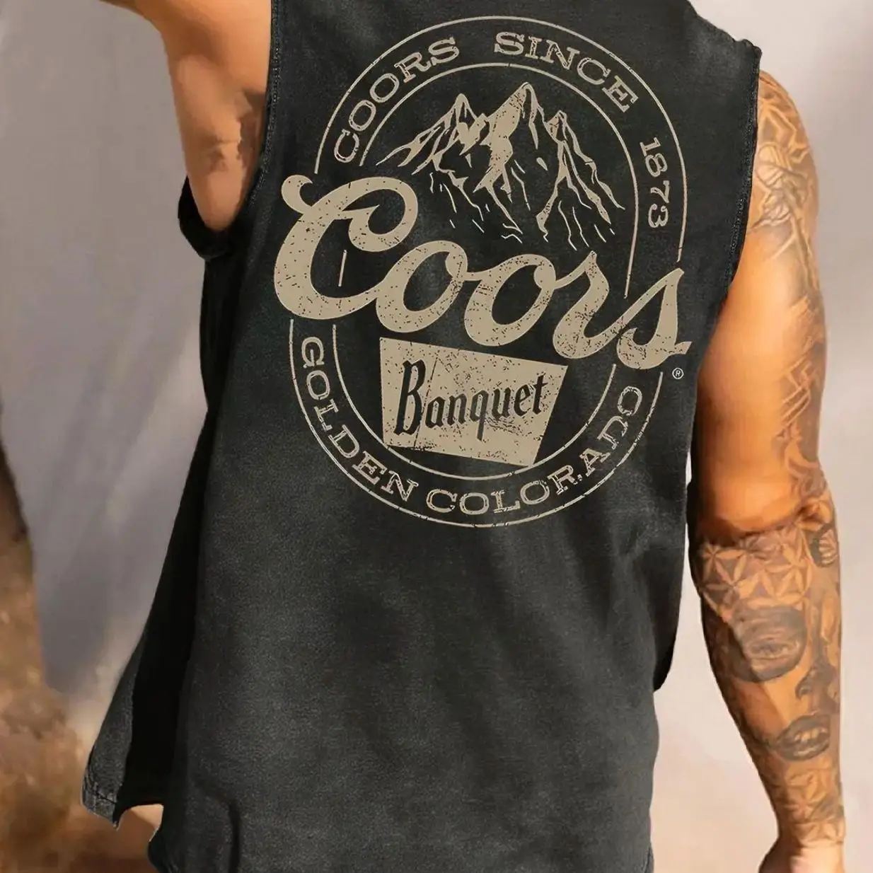 Men's Coors Banquet Print Vintage Washed Tank Top, Stylish Tank, Loose Casual Street Sleeveless Top for Summer, Men's Top for Daily Wear, Graphic, Casual Sleeveless Vest, Stylish Tank Tops