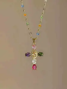Fashionable Colorful Rhinestone Cross Pendant Necklace, Statement Necklace, Elegant Crystal Chain Jewelry for Women, Perfect for Parties and Daily Wear