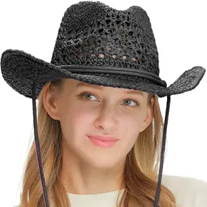C.C Paper Straw Open Weaved Cowboy Hat with Chin Strap for Women australian