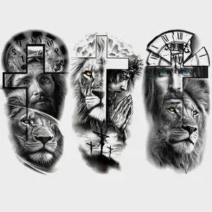 3 Pcs Lion Temporary Tattoo Stickers, Waterproof Forest Lion Jesus Cross Design, Arm Leg Body Art for Men Women Adults, Waterproof Temporary Tattoos