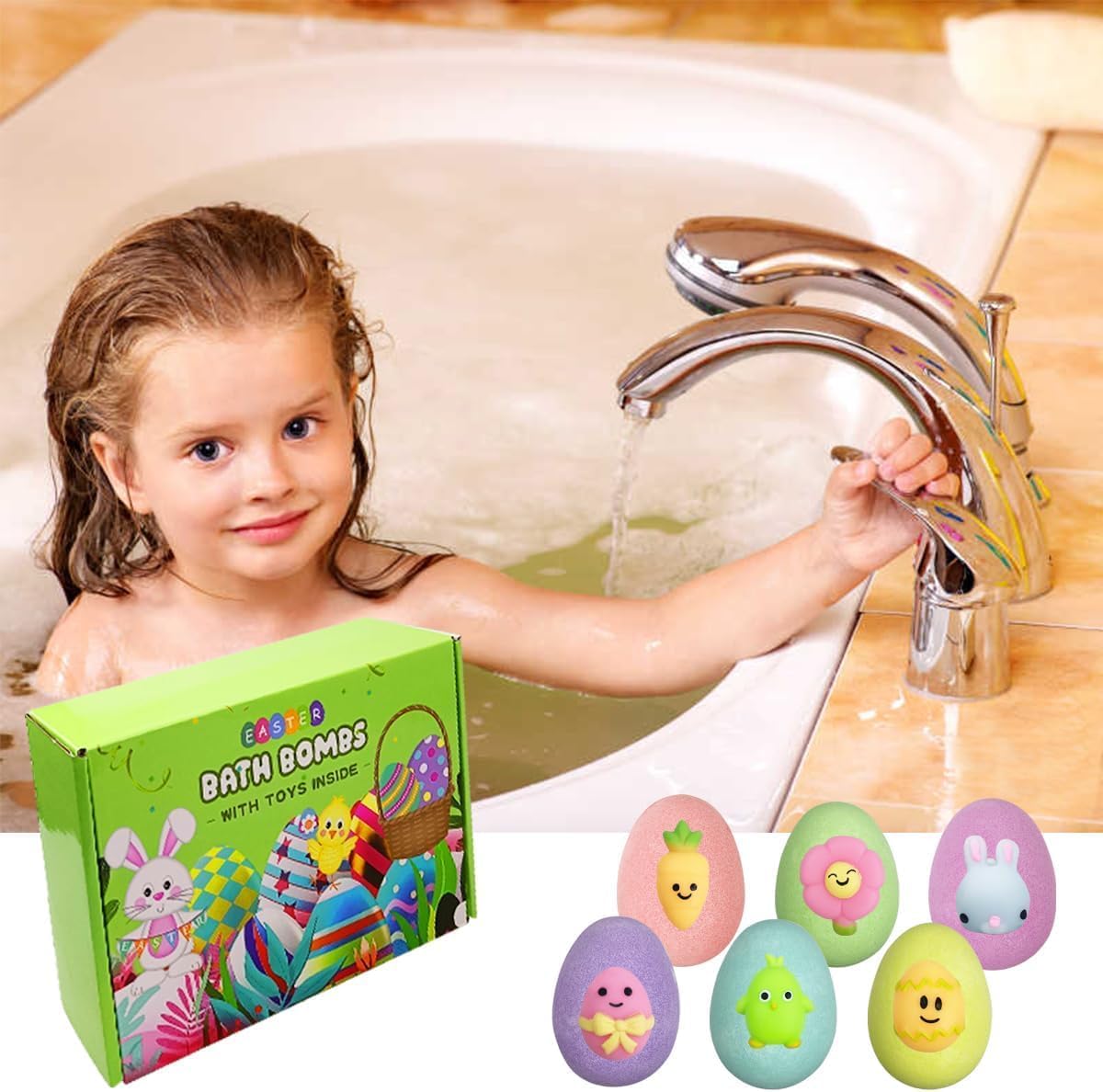 6 Pack Easter Bath Bombs with Squishy Toys Inside, Easter Basket Stuffers, Easter Gifts for Kids Boys Girls, Fun Bath Toys, Kids Party Favors & Egg Hunt