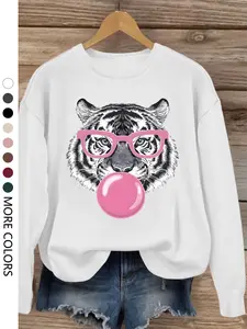Women's Casual Everyday Loose-Fit Pullover Knit Sweater, Tiger Print Long Sleeve Drop Shoulder Design, Comfortable Fashion Top for Spring & Fall