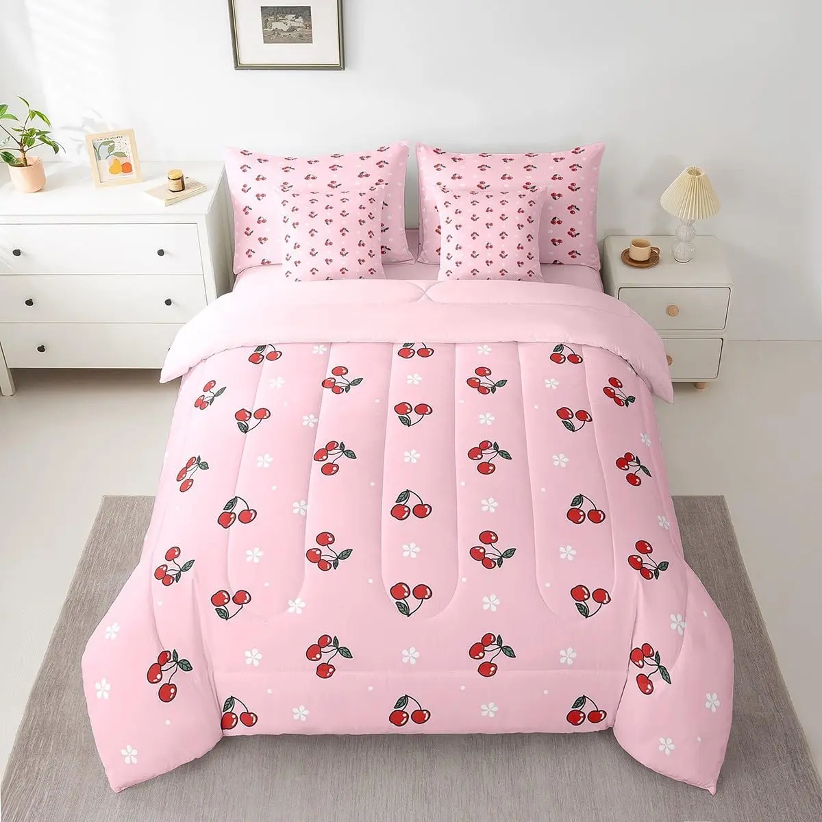 Feelyou 7-Piece Microfiber Bedding Set - Pink Cherry Cartoon Blanket, Comforter, Soft Floral Bedding Sheets, Breathable Bed Cover for Halloween, Father's Day, Thanksgiving, Matching Bedding