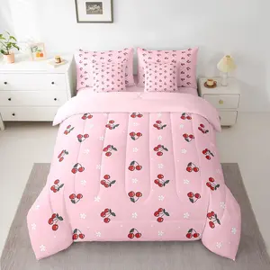 Cherry Comforter Set,7 Piece Bed in a Bag,Pink Friut Bedding Sets,Cartoon Sweet Sheet Set with Comforter Floral Print Blanket Soft Blanket