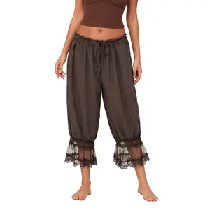 Women Ruffle Long Bloomer Pats Y2k Lace Trim Pettipants Pantaloons Mid Rise Cropped Pajama Bottoms Trousers Under Dress Slips