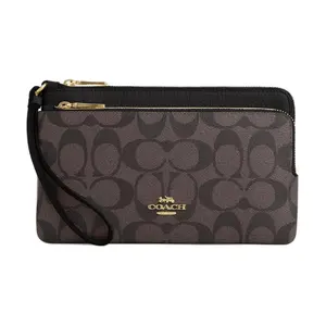 Coach Double Zip Wallet 20 for Women – Classic Monogram with Gold and Brown-Black Pebbled Leather