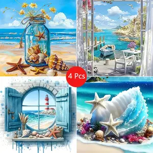 4pcs Beautiful Beach Landscape Diamond Painting Kit, Adult Art Craft Set, DIY 5D Round Drill Home Wall Decor, No Frame, Needle Crafts Kit