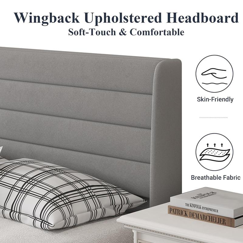 Queen Bed Frame with Modern Wingback Headboard Velvet Platform Solid Wood Slats No Box Spring Required Easy Assembly Light Beige
