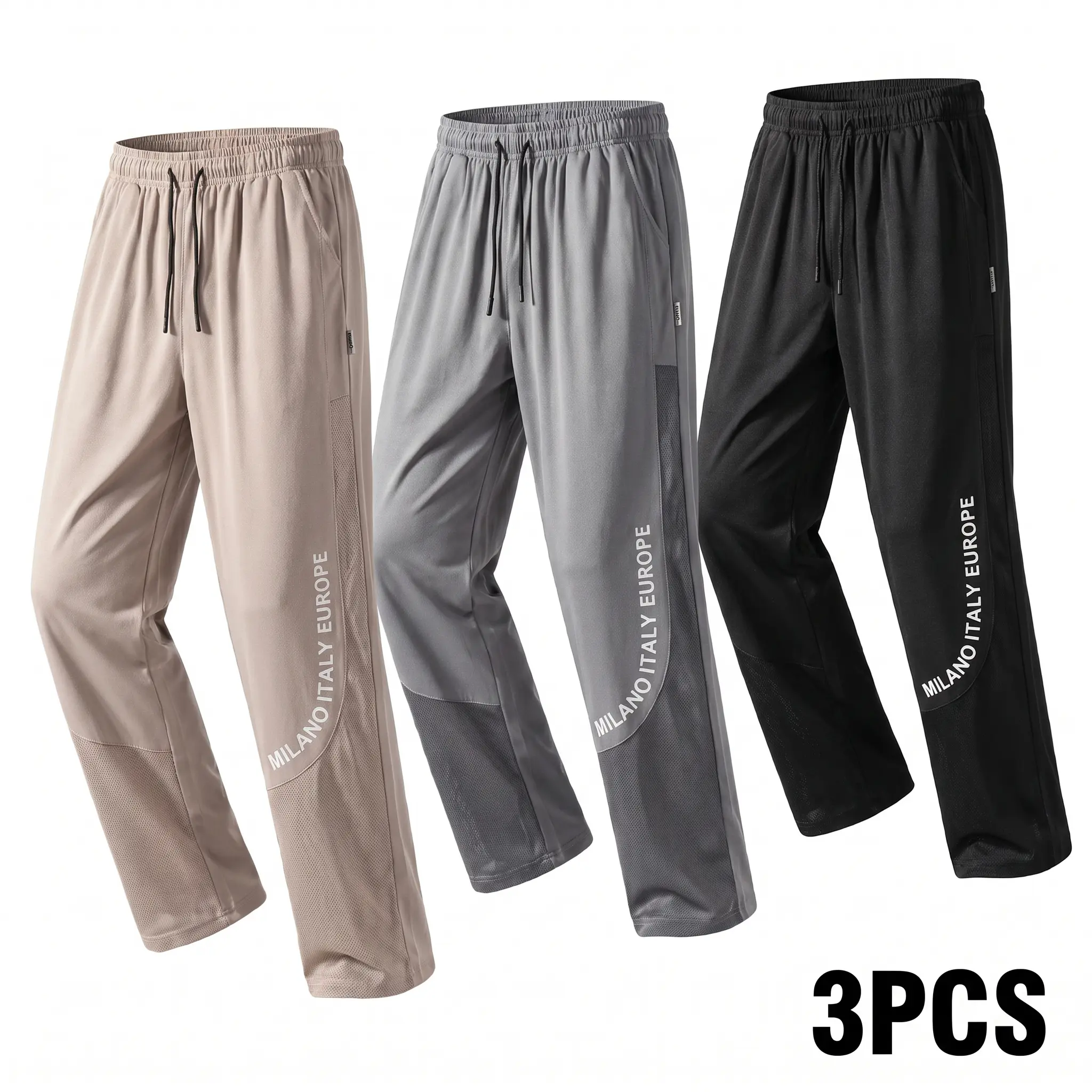 Men’s Quick-Dry Athletic Pants – 3-Pack Straight-Leg Casual Pants with Side Mesh for Breathability, Elastic Waistband with Drawstring, Long Length for Running, Fitness & Training