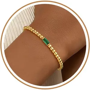 Birthstone Gold Beaded Bracelets for Women Non Tarnish Trendy Dainty 14K Gold Plated Cute Stackable Bead Stretch Friendship Bracelet Stack for Best Friend Couples Birthday Gifts Jewelry-USA