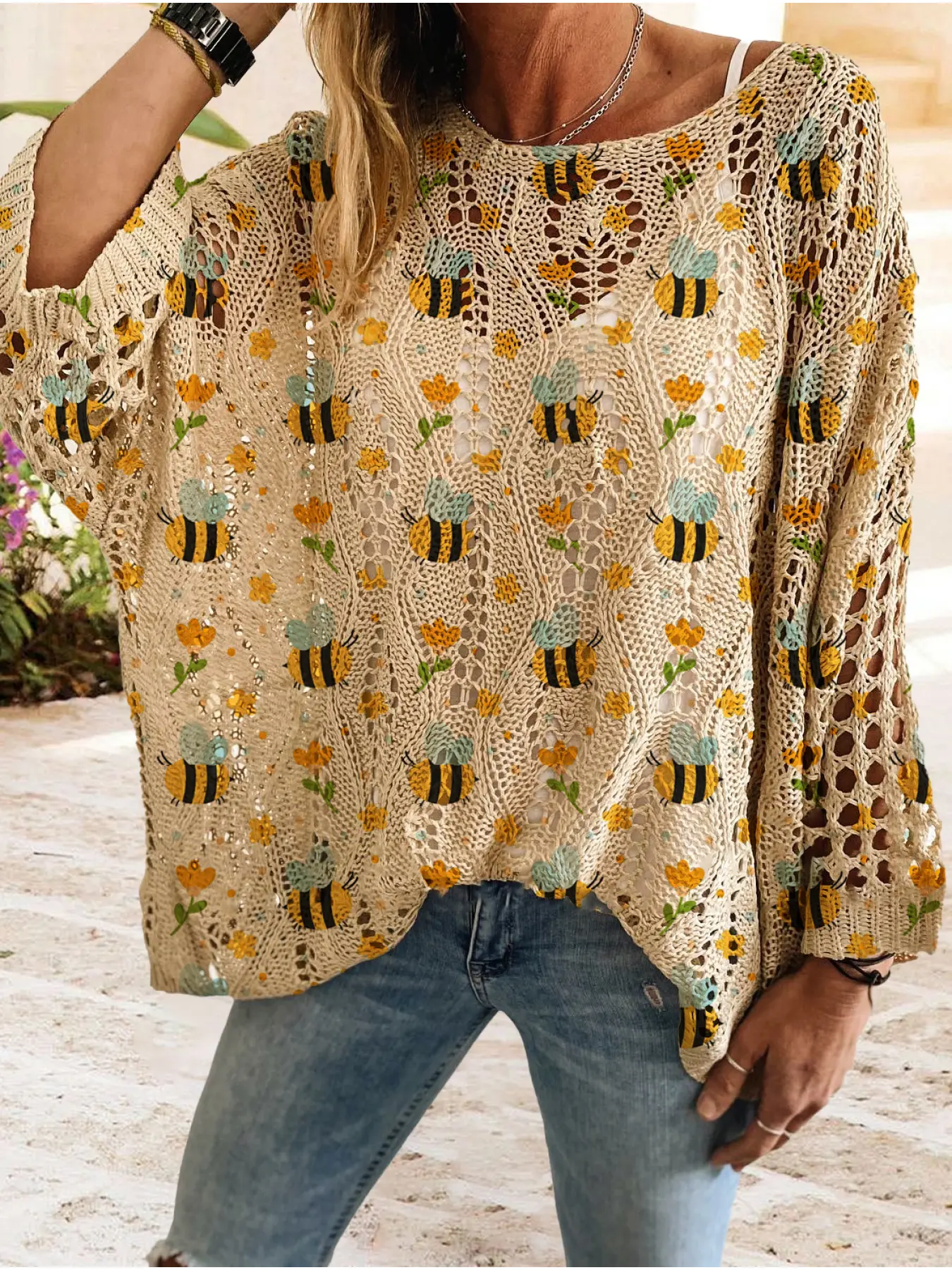 Women's Cartoon Floral Bee Animal Print Long Sleeve Knit Top, Casual Elegant Vacation Style Sweater, Loose Batwing Shoulders, Spring Summer Fall
