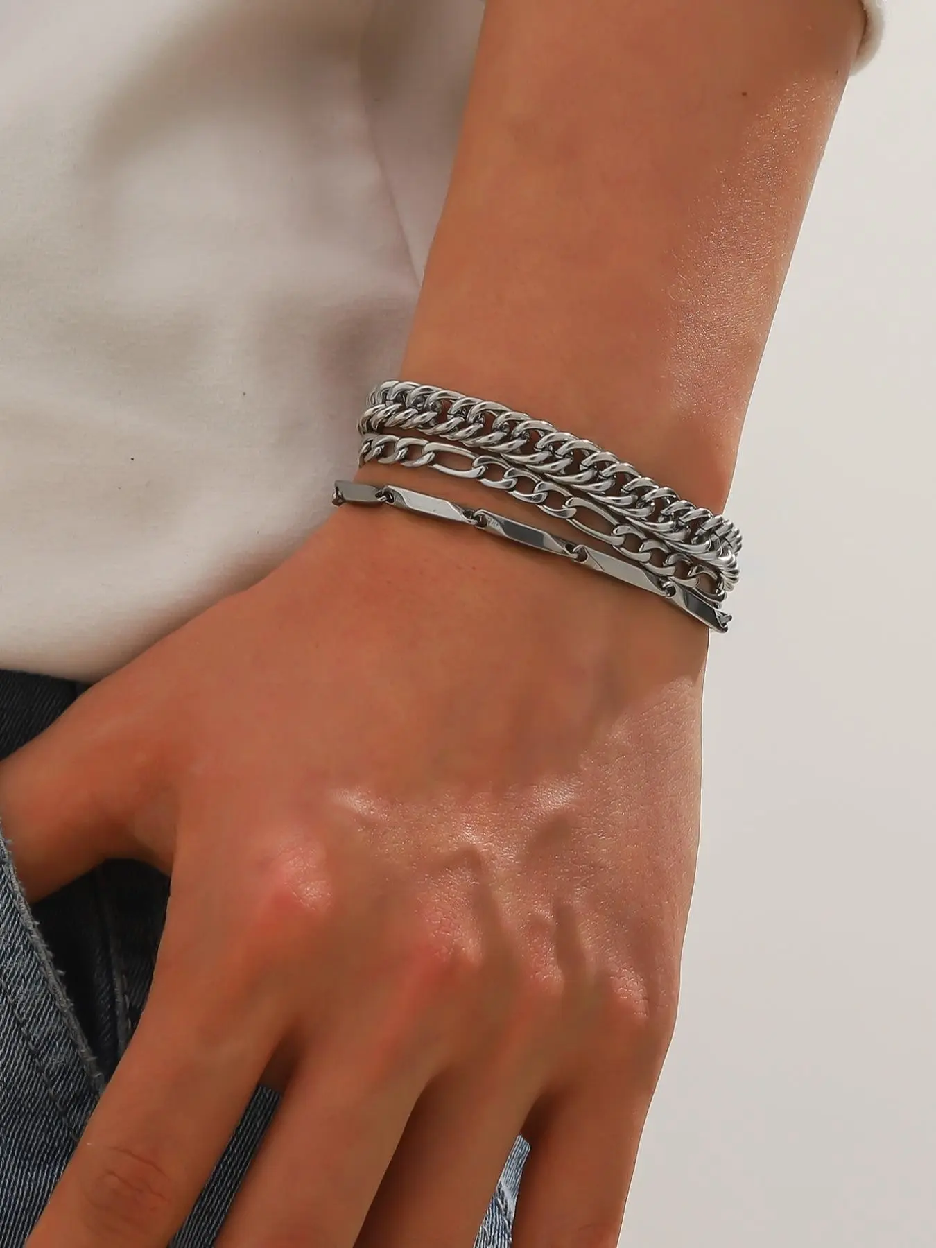 Men's 3pcs Minimalist Chain Decor Stainless Steel Bracelet Set, Bracelet Stack, Simple Design Punk Style Chain Design Bracelets, Fashion All-match Jewelry for Men