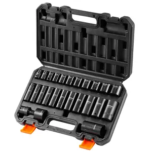 VEVOR 3/8'' Drive Impact Sockets Set,  25pcs CR-MO SAE Deep/Shallow (5/16" - 1'') , 6-Point Drive Bit Ratchet Tool Kit Case with a Universal Joint