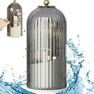 Bathroom Toothbrush Holder Set, Dustproof Toothbrush Holders with Cover, Rotating Electric Toothbrush & Toothpaste Holder for Bathroom Countertop, 3-Slot Toothbrush & Makeup Brush Organizer, Grey-White