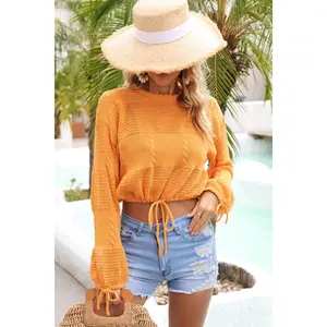 Drawstring Hem Round Neck Cropped Cover Up