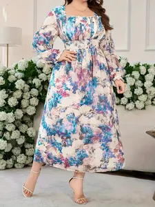 Women's Plus Size Fashion Casual Elegant Dress, Midi Length Long Sleeve Woven Fabric, Loose-Fitting Vertical Pleats Floral Print