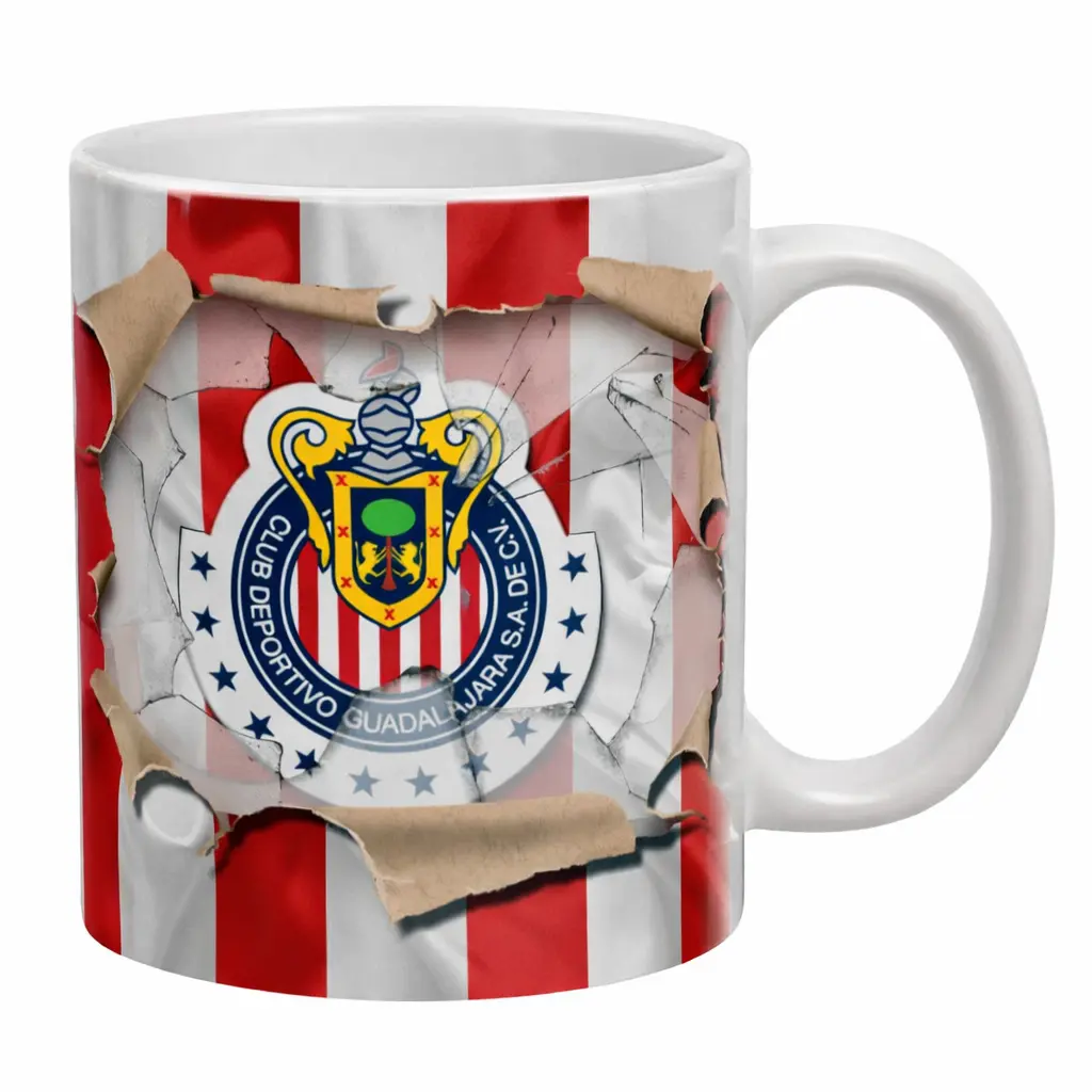 Ripped Flag 3D Effect Mug, Bold Red & White Stripes With Torn Paper Detail and Circular Emblem Style, Perfect Gift for Soccer Lovers
