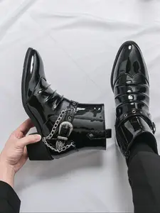 Men's Pointed Toe High Heel Fashion Boots, Ankle Casual Boots, Chain Decoration Trendy Simple Chelsea Boots, Stylish Men's Shoes for Casual Wear
