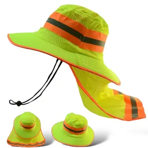 Hi-Vis Reflective Safety Boonie Hat, Green, Wide Brim, Neck Flap