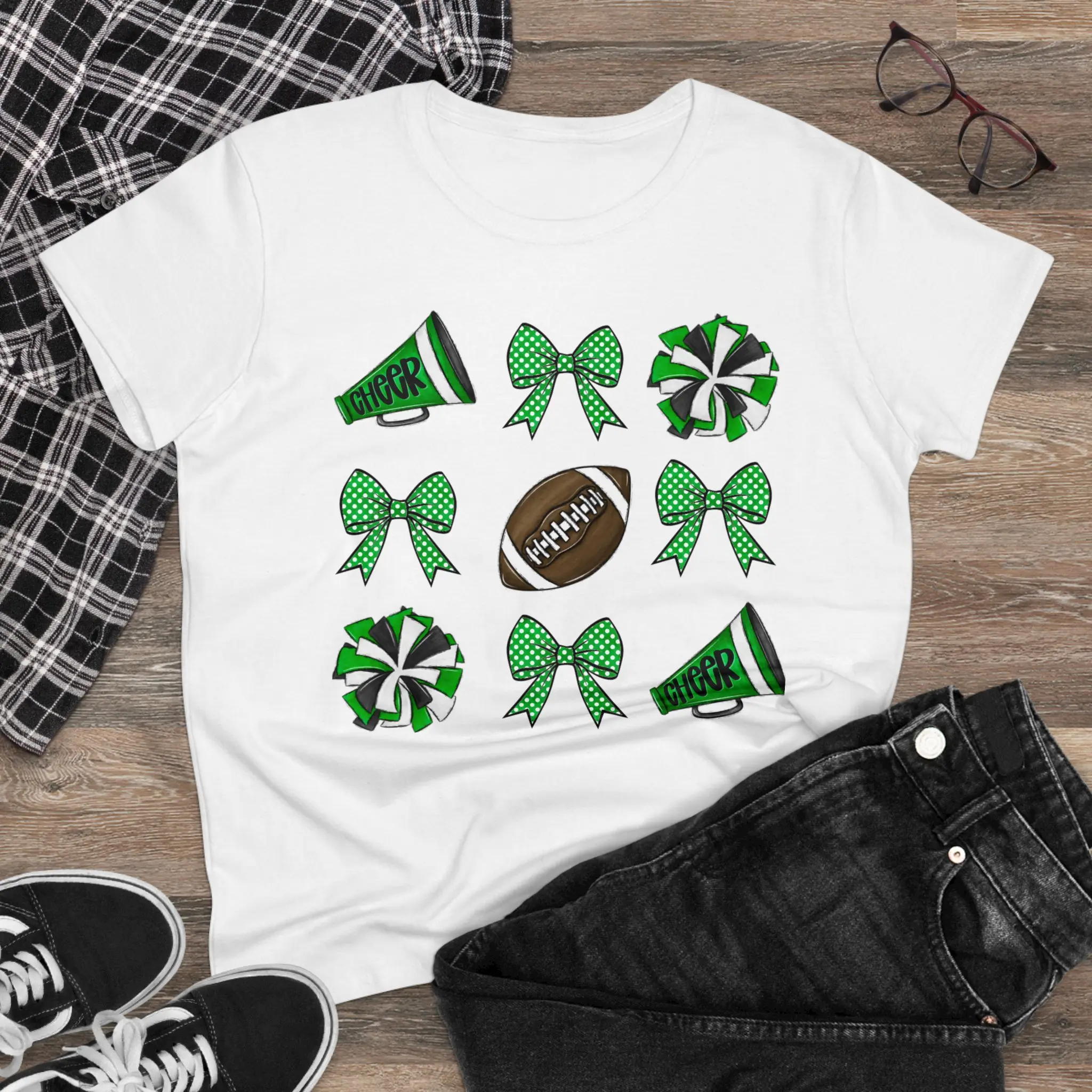 Green School Colors Cheerleader Allstar Cheer Women's Midweight Cotton Tee Weekends Comp Practice Competition Coquette