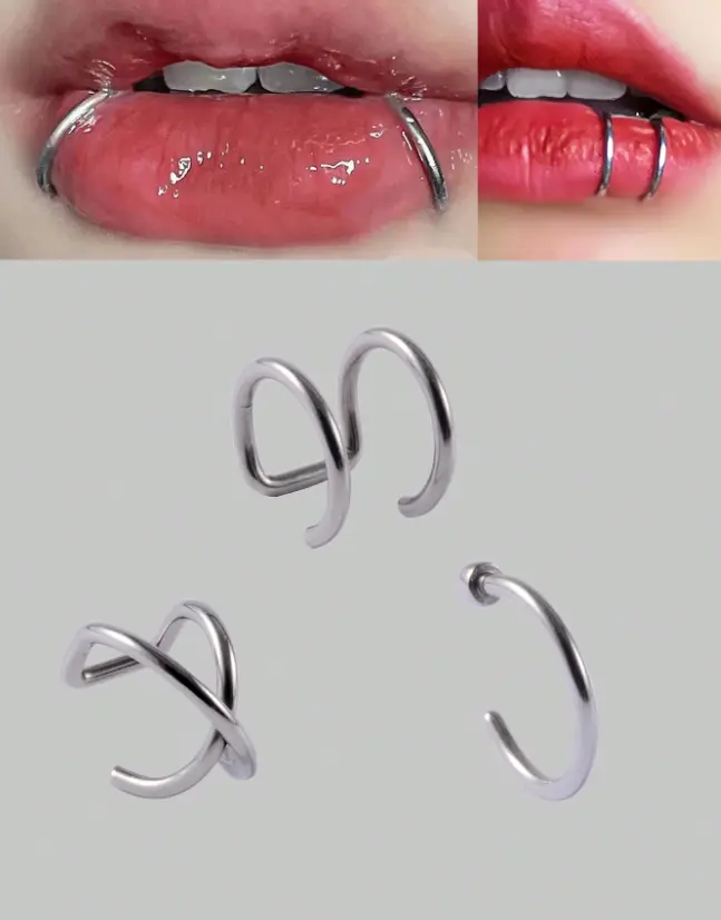 3PCS Punk Stainless Steel Fake Lip Rings Set – Non Piercing Nose Hoop, Labret Ring, Cross Ear Cuff, Double-Deck Faux Piercing Jewelry for Men & Women, Unisex Gothic Punk Accessories