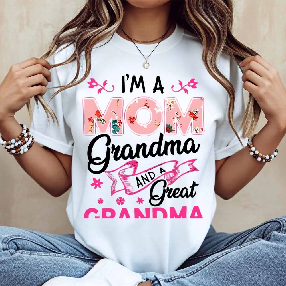 Floral Mom Grandma Great Grandma Print T Shirt White Casual Loose Fit Women's Tee For Family Celebration Mother's Day Gift