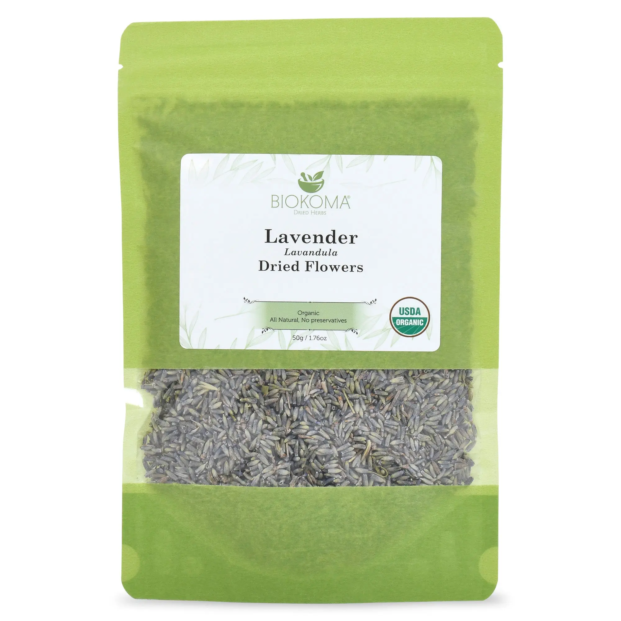 Biokoma Pure and Organic Lavender (Lavandula) Dried Flowers 50g (1.76oz) in Resealable Moisture Proof Pouch, USDA Certified Organic - Herbal Tea, No Additives, No Preservatives, No GMO, Kosher