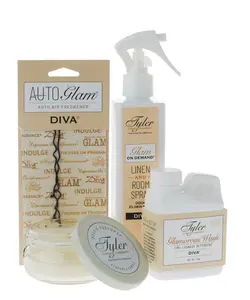 GLAMOROUS GIFT Set VI- linen and room spray, 3.4oz candle, 4oz glam wash, autoglam by tyler candle company
