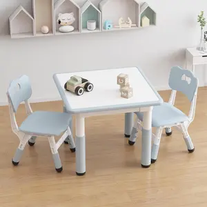 Kids Table and 2 Chairs Set, Height Adjustable Toddler Table and Chair Set for 2, Graffiti Desktop, Non-Slip Design, Children Table for Home Daycare Preschool for Ages 2-8, Gray Blue