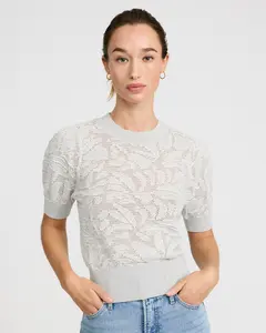 Express Cotton Contrast Floral Crew Neck Puff Sleeve Sweater