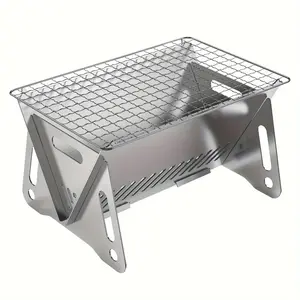 Portable Stainless Steel Barbecue Rack - Folding Outdoor Camping Stove with Wooden Pot Stand, Included Storage Bag, Ideal for Hiking, Picnic