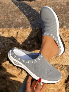 Chic Letter Trim Knit Backless Sneakers for Women, Slip-On Closed-Toe Casual Shoes