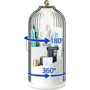 Dustproof Toothbrush Holders with Cover for Bathrooms, Rotating Covered Tooth Brush Holder for Counter, Dust Makeup Brush Holder Organizer with Lid for,Grey White