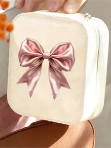 Mini beige jewelry box with 4 delicate bow designs. Compact yet roomy for rings, earrings and necklaces. Portable for travel, school and daily use. Perfect gift for girls, couples and sisters for festivals, weddings, anniversaries and birthdays.