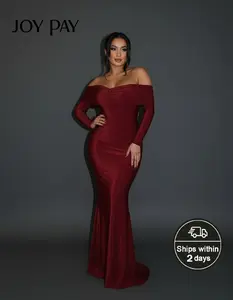Joy Pay Red Sequined Off-the-Shoulder Long Dress with High Slit for Formal Occasions Elegant and Graceful Women's Formal Wear