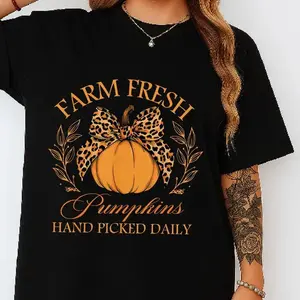 Pumpkin Leopard Coquette Bow Girly Women Girls Halloween T-Shirt Print Round Neck Short Sleeve Streetwear Fashion Breathable Homme Soft Unisex Designer Clothes For Women Casual Clothes