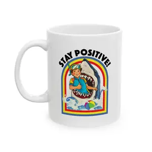 Coffee Mug - Funny Vintage 'Stay Positive' Swimming With Shark Inspirational Ceramic Mug, Perfect Gift