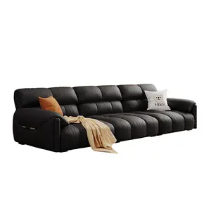American Mid-Century Elephant Ear Genuine Leather Sofa, Retro French Style Black Top Grain Leather Straight Sofa, Large 3-Seater Upholstered Couch for Small Living Room Home Furniture