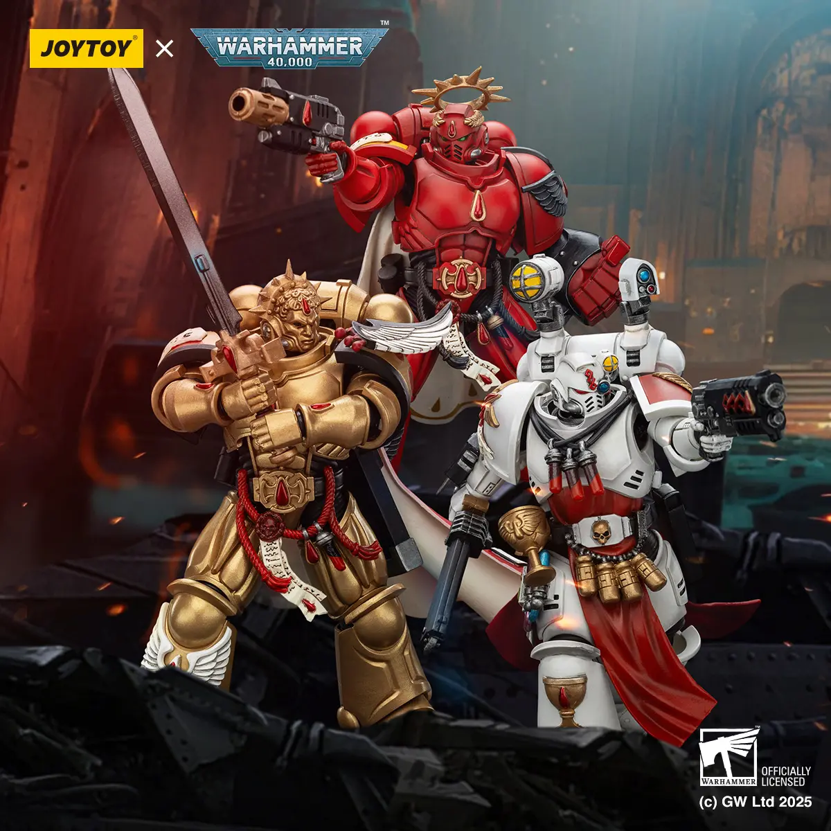 JOYTOY Warhammer 40,000 1/18 Action Figures Blood Angels Captain with Inferno Pistol & Power Fist | Captain with Heavy Bolt Pistol & Power Sword | Sanguinary Priest with Heavy bolt pistol, chainsword and narthecium