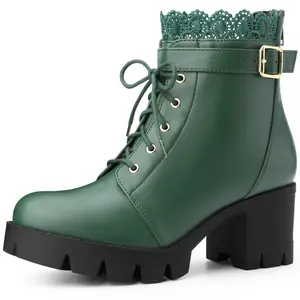 BLISSFUL STEP Women's Platform Heel Lace Boots Chunky Heels Combat Boots