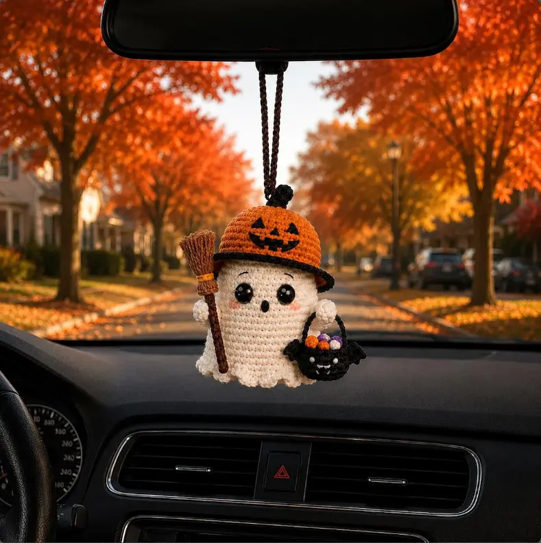 Crochet Halloween Ghost Car Charm, Cute Witch Ghost Keychain, Kawaii Spooky Ornament, Rearview Mirror Hanging Decor, Handmade Halloween Gift