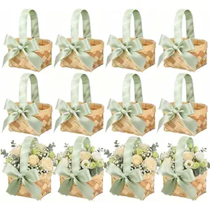 Geelin 12 Pcs Mini Flower Girl Basket Mini Woven Baskets with Pearl Handles Wood Chip Flower Fruit Picnic Holder with Sage Green Ribbon Smell Gifts Bucket for Wedding Party Gifts Birthday Decoration