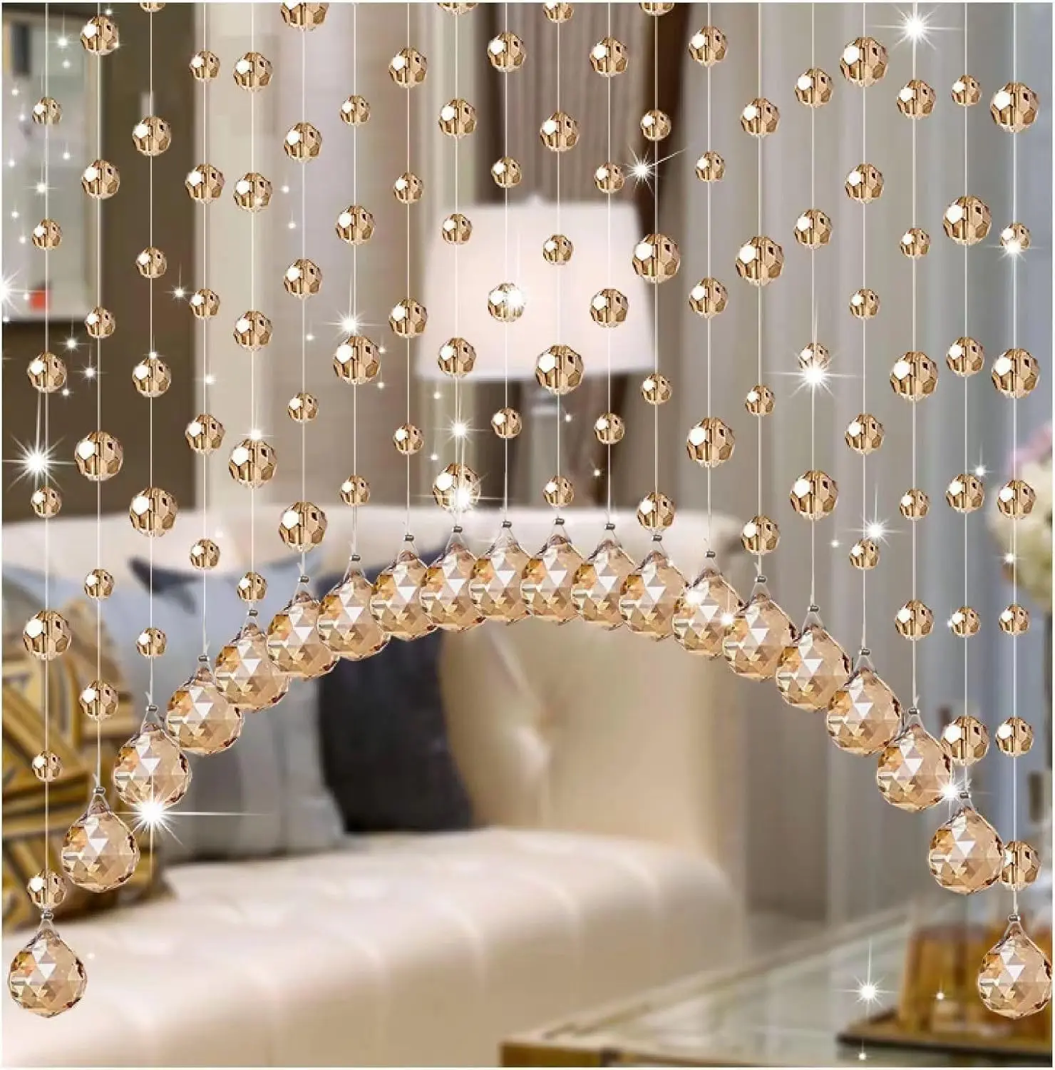 20-Strand Handmade Champagne Glass Bead Curtain - Arch-Shape Stainless Steel String Pearl Room Divider, Light Classic Romance Sparkling Door Hanging, Interior Textile Decoration Accessory
